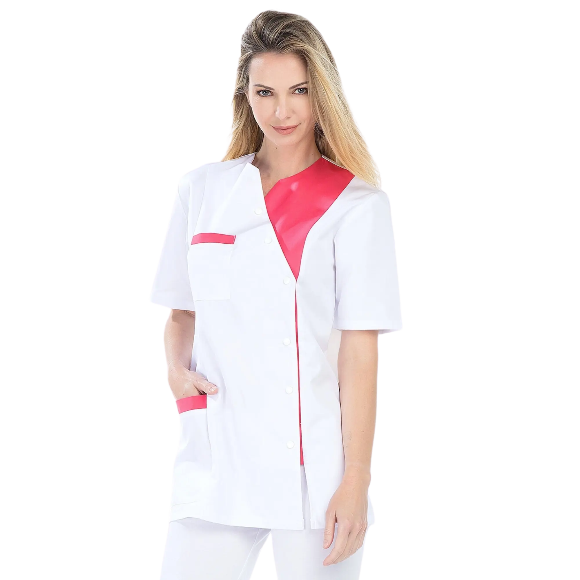 Agathe - Tunic - Short sleeves - Women - 75 cm My Blouse Twill-White-Fuschia-T6-XXXL