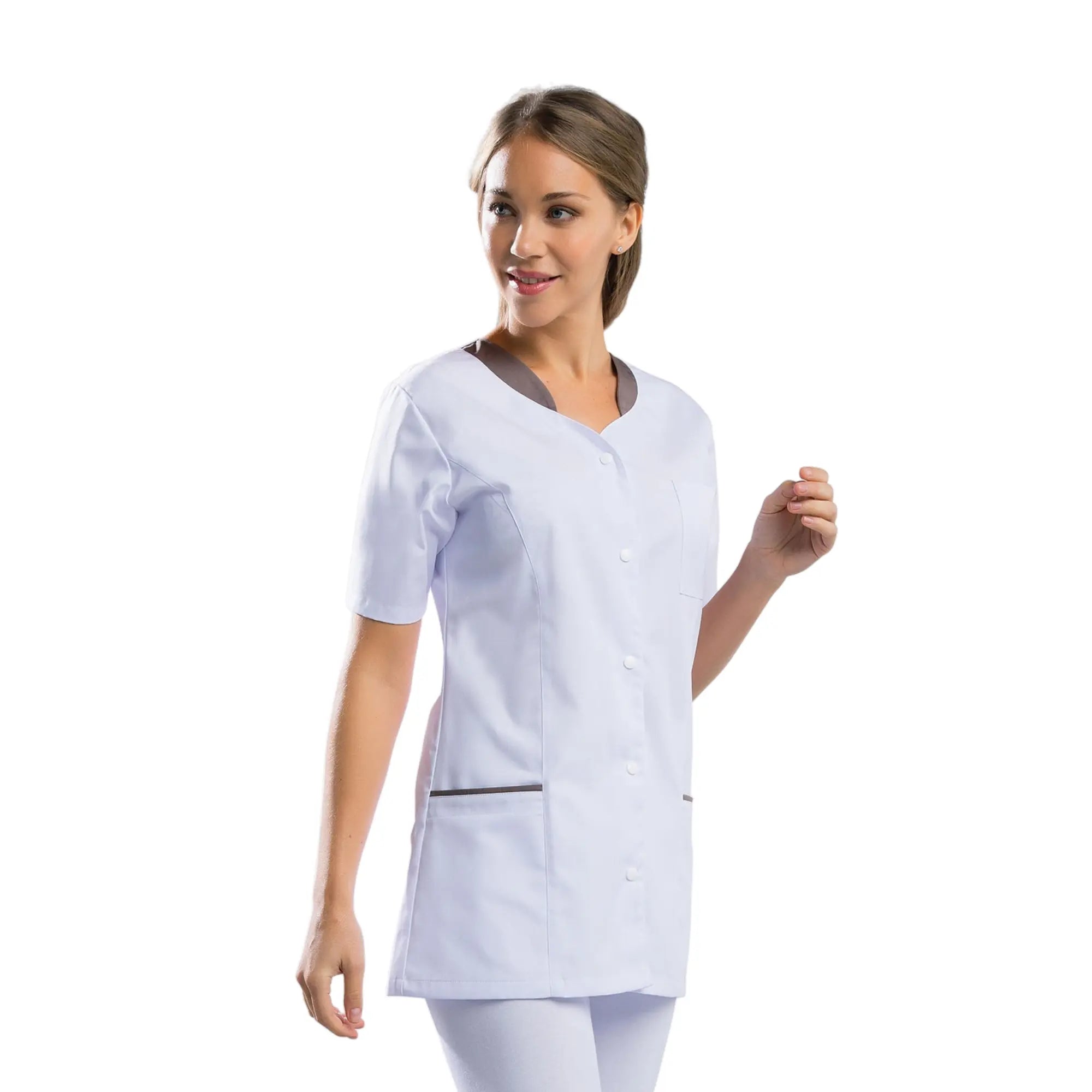 Amandine - Tunic - Short Sleeves - Women - 75 cm My Blouse Twill-White-Taupe-T6-XXXL
